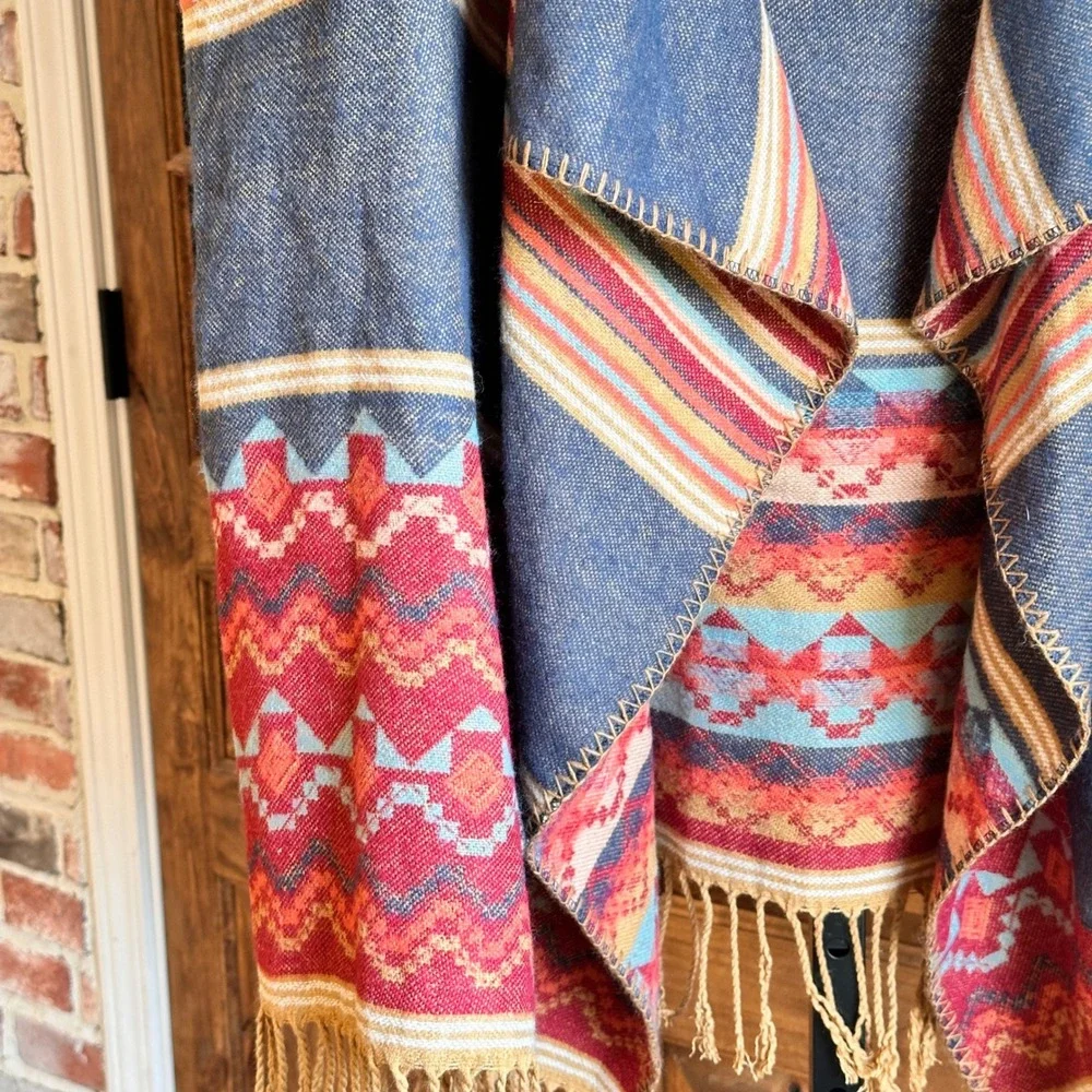 Natural Reflections Open Front Vest Women 2X Blue Southwestern Fringe Aztec Boho